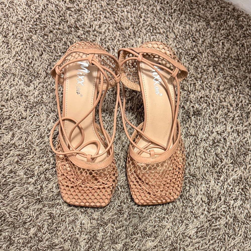 Mixx Shuz Nude Lace-Up Mesh Heeled Sandals